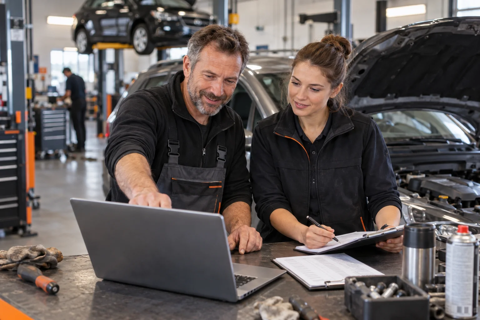 Mitarbeitende einer KFZ-Werkstatt besprechen am Laptop Kundenkommunikation und Checklisten