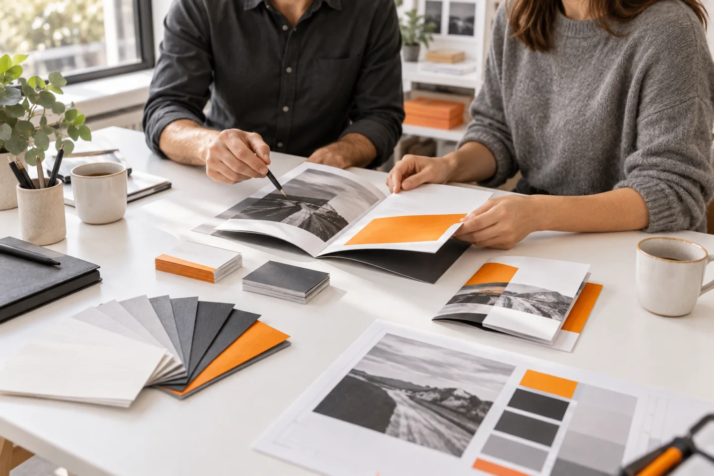 Gemeinsame Prüfung von Broschüre, Geschäftskarten und Papiermustern