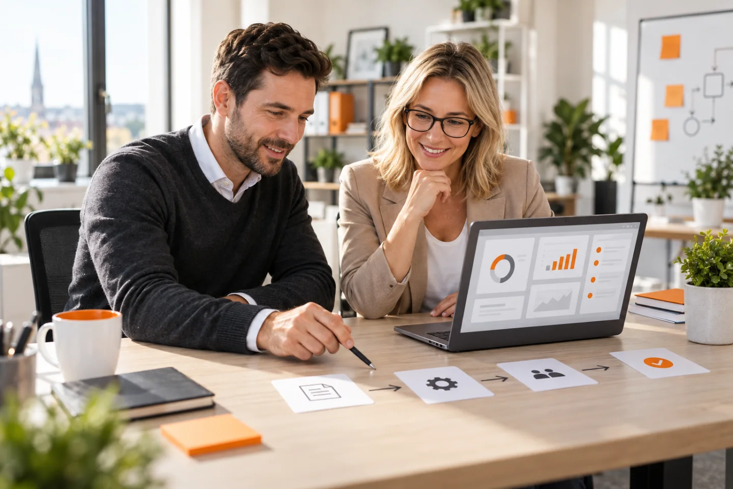 Beratung zu einem verständlichen digitalen Arbeitsablauf am Laptop