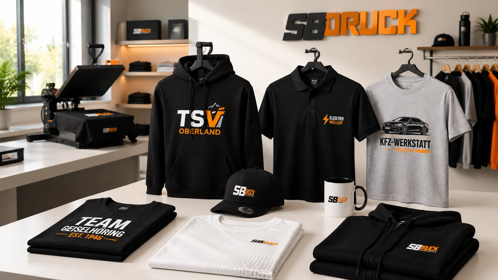 SBDruck Showroom mit Textilien, Arbeitskleidung und veredelten Werbeartikeln