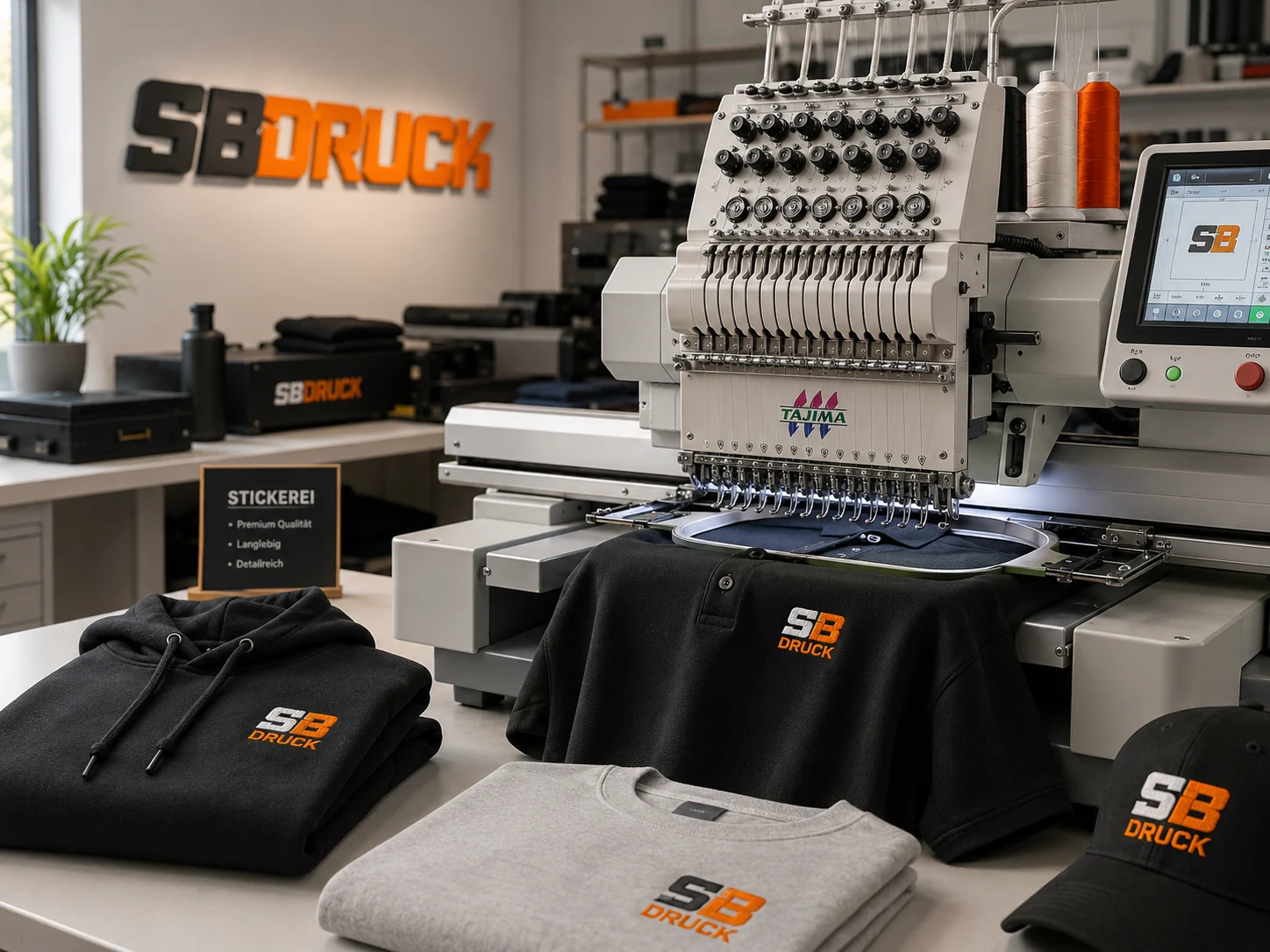 Detailaufnahme einer hochwertigen Logo-Stickerei auf dunklem Textil
