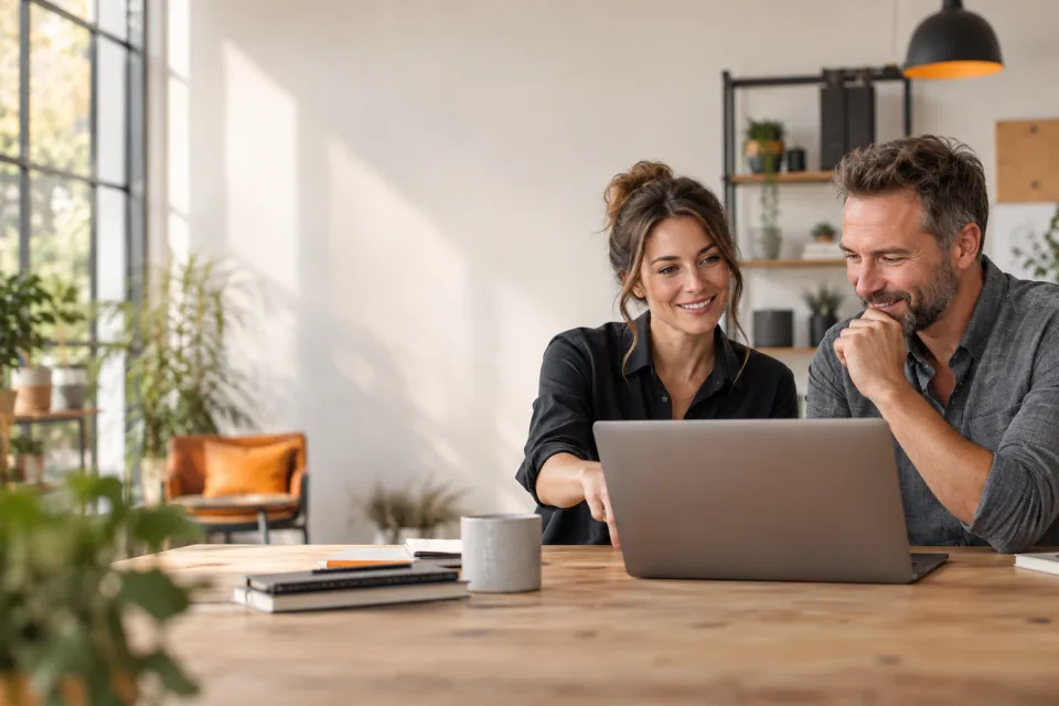 Webdesignerin und Unternehmer besprechen eine Firmenwebsite