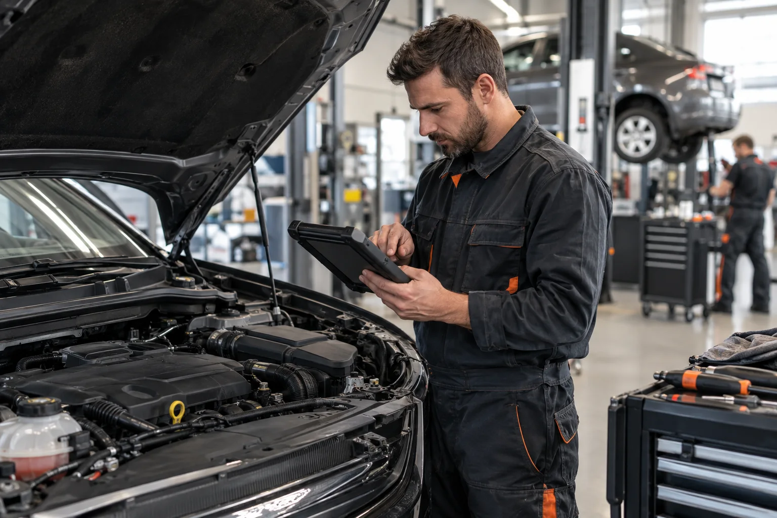 Fiktiver MOTORWERK Mitarbeiter bei einer Fahrzeugdiagnose