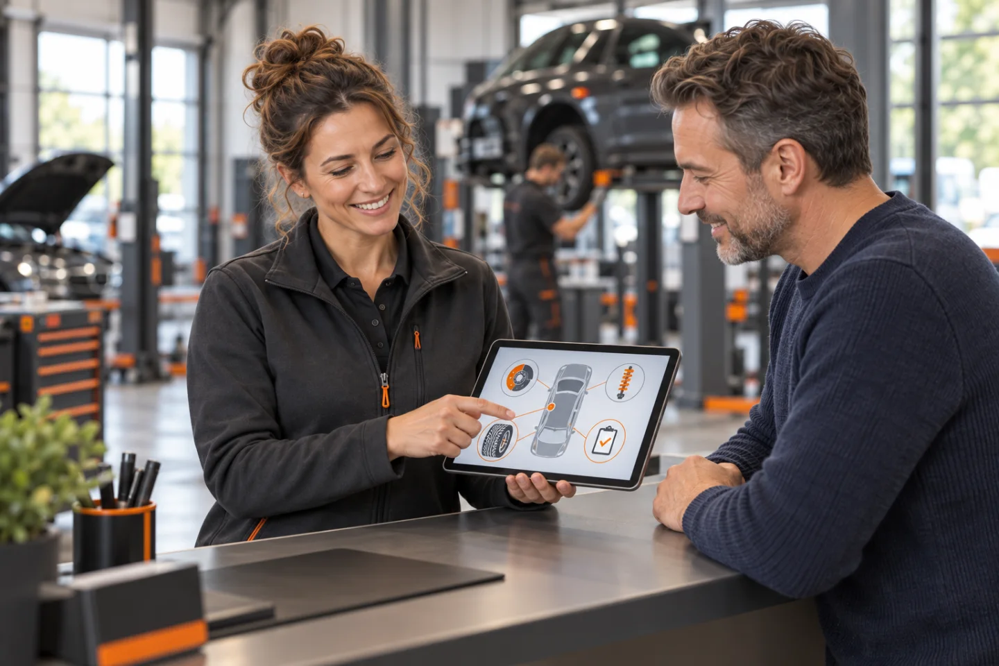 Persönliche Kundenberatung in der fiktiven MOTORWERK Werkstatt