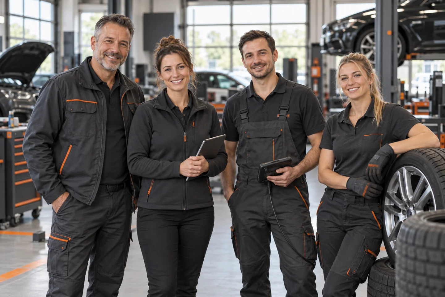 Fiktives vierköpfiges MOTORWERK Team vor der Werkstatt