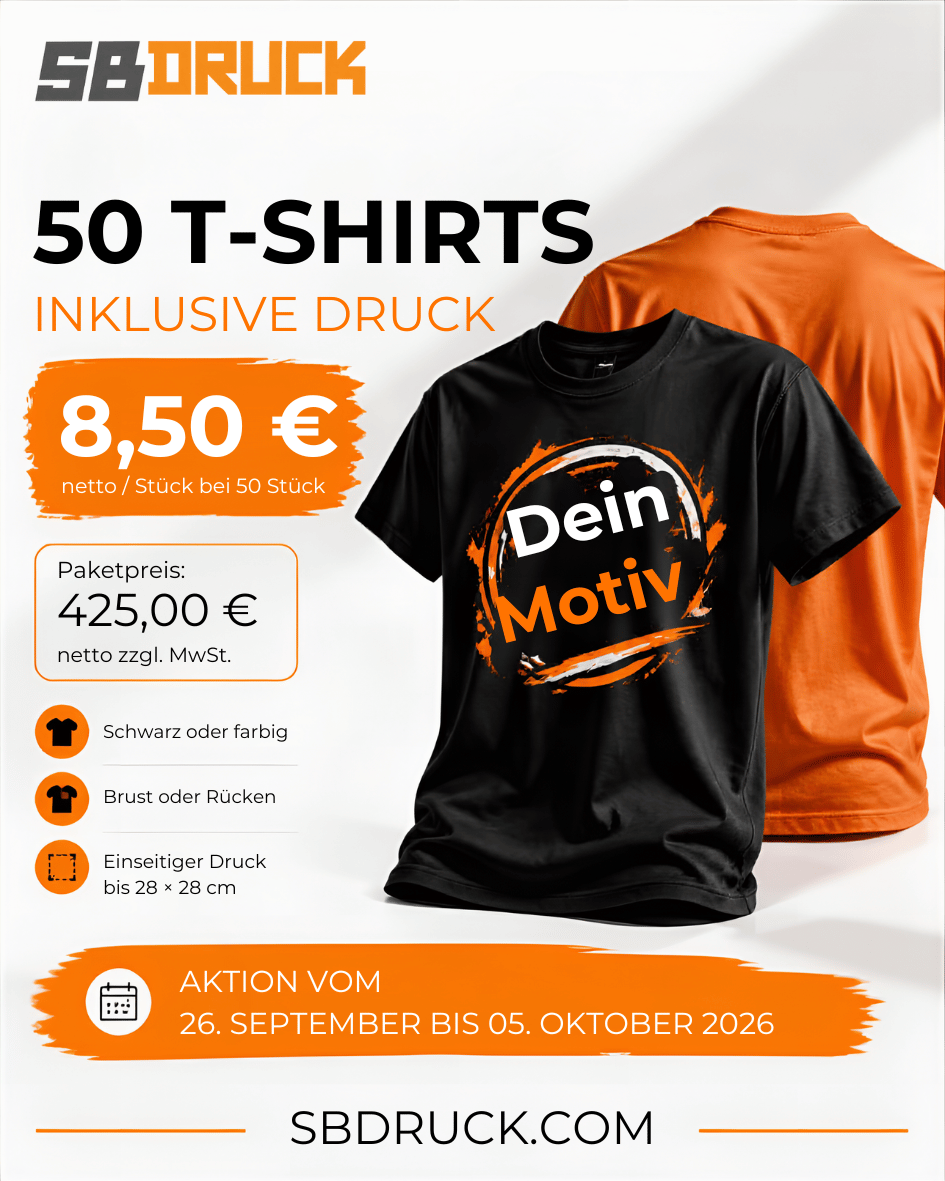 50 Standard-T-Shirts mit einseitigem Druck – Aktionsangebot von SBDruck
