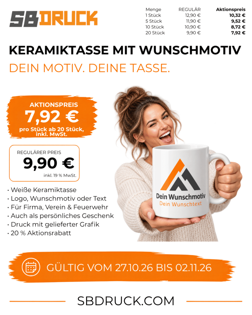 Keramiktasse mit Wunschmotiv – SB-Druck-Aktion 27.10. bis 02.11.2026, ab 7,92 € je Stück ab 20 Stück inkl. MwSt.