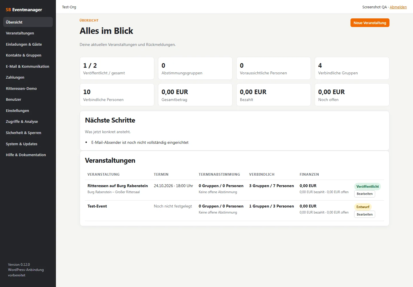 SB Eventmanager Demo: Übersicht mit Veranstaltungen, Rückmeldungen und nächsten Schritten.