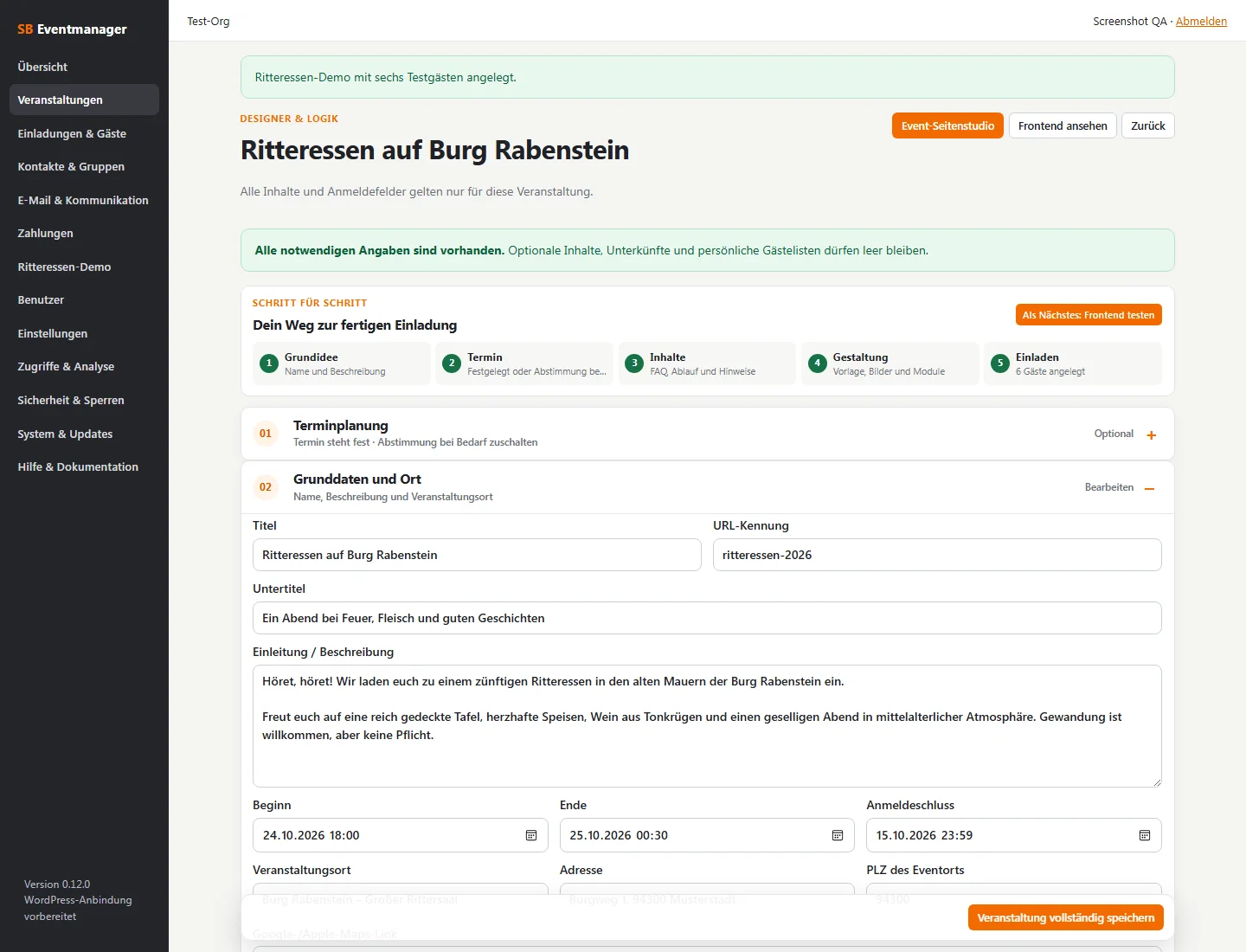 SB Eventmanager Demo: Geführter Veranstaltungseditor mit klaren Arbeitsschritten.