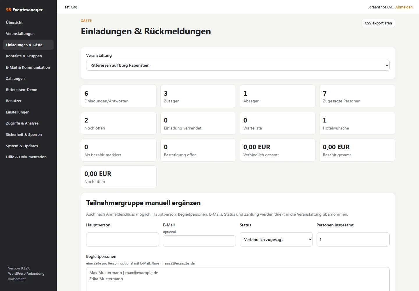 SB Eventmanager Demo: Einladungen und Rückmeldungen mit Status, Personen und Zahlungsübersicht.