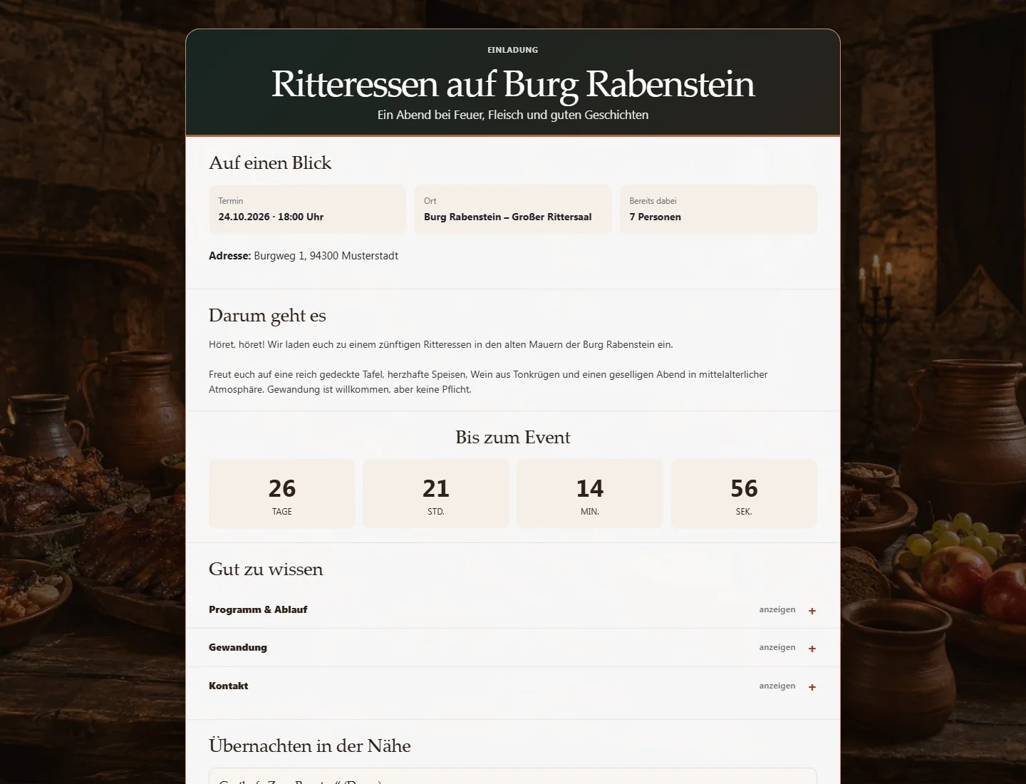 SB Eventmanager Demo: Öffentliche Beispiel-Einladung im Ritteressen-Demodesign.