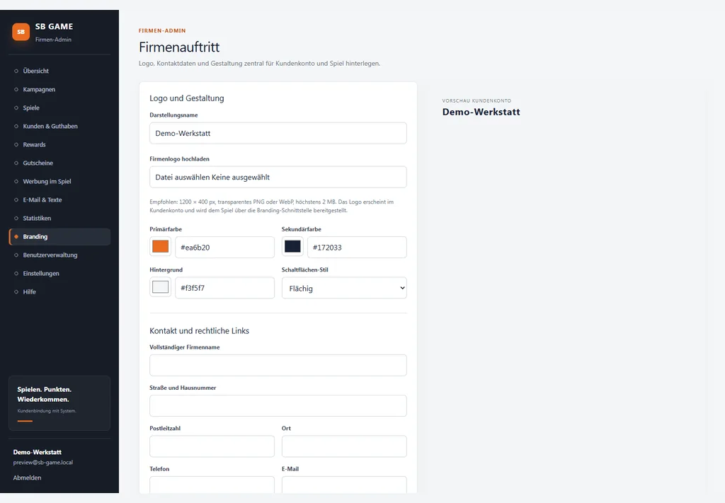 Echter Screenshot der lokalen Firmenverwaltung für Logo, Farben und Kontaktdaten