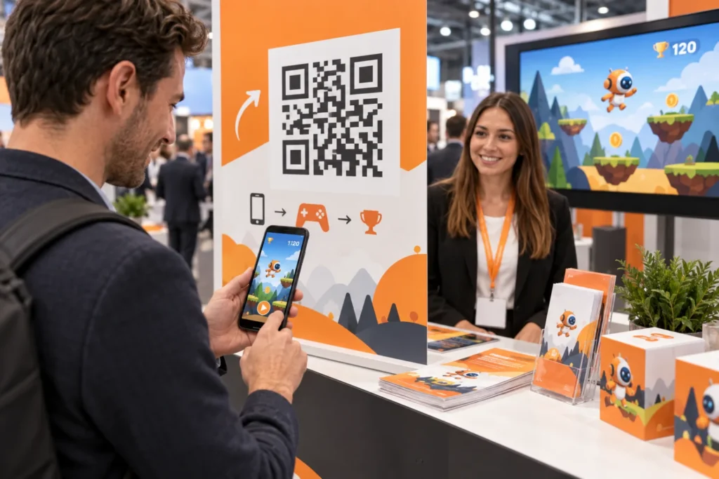 SB GAME Messekampagne mit QR-Code, Smartphone, Flyer und Spielbildschirm