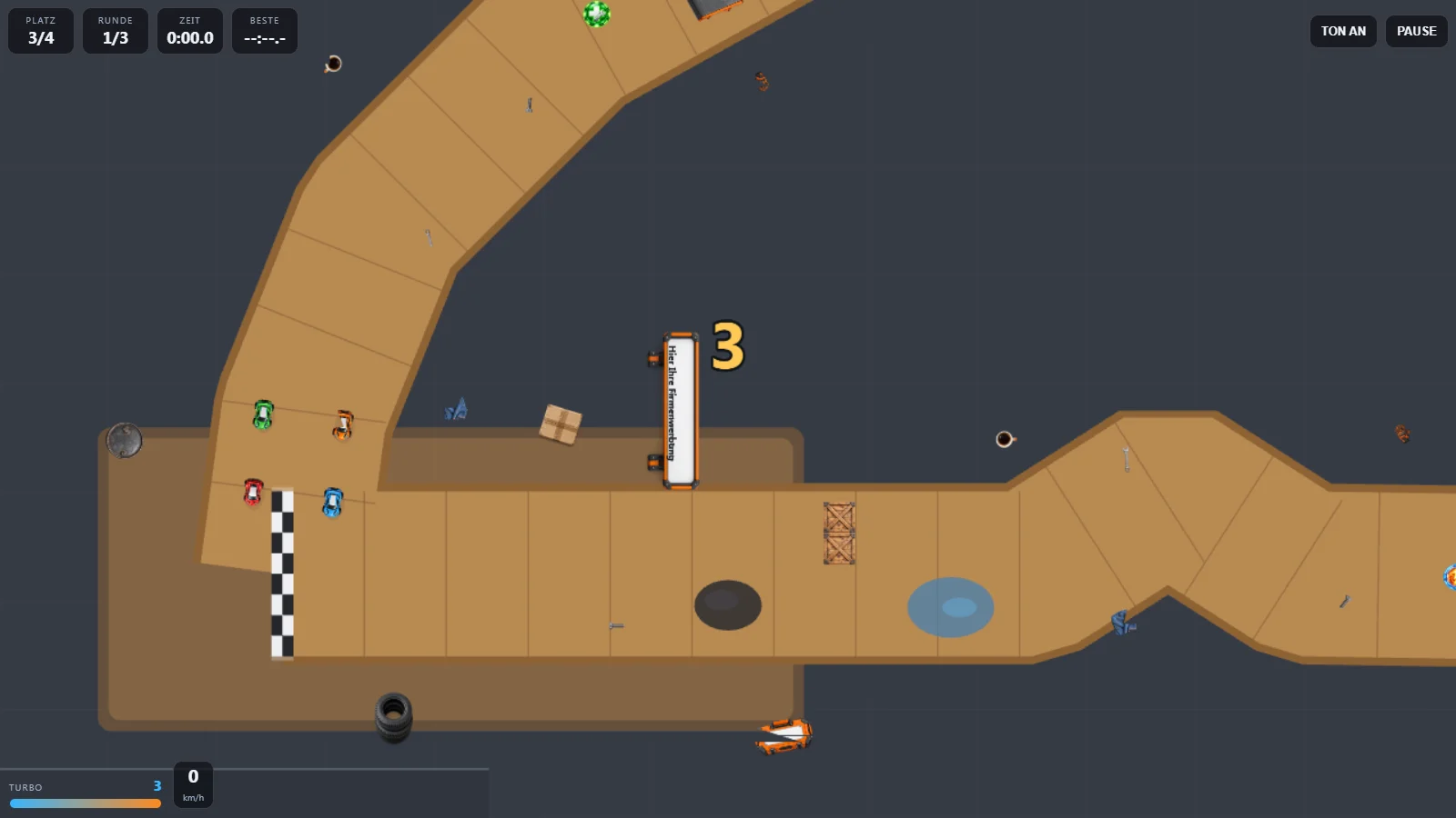 Echter Screenshot des spielbaren Mini-Cars-Rennens Turbo Werkstatt Cup