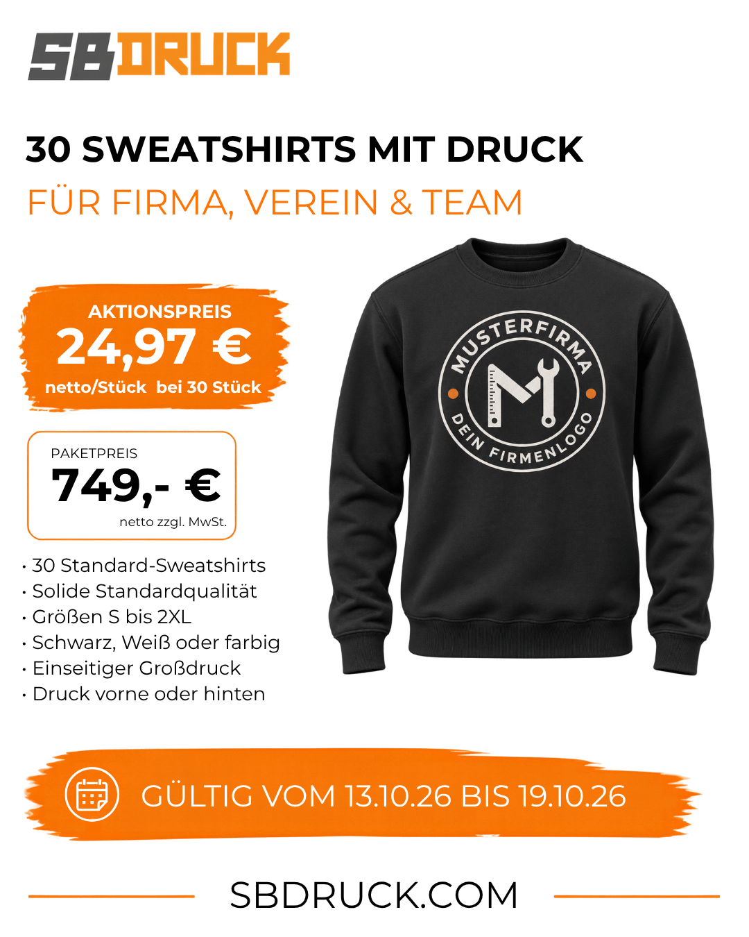 30 bedruckte Sweatshirts – SBDruck-Aktion vom 13. bis 19. Oktober 2026