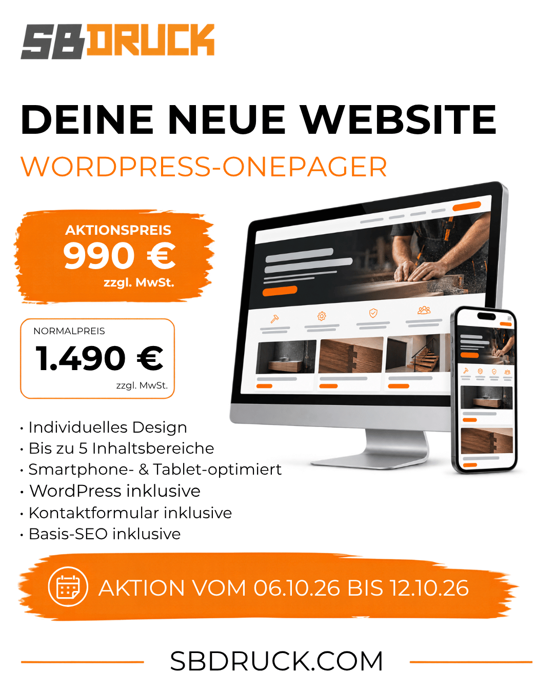 WordPress-Onepager-Aktion von SBDruck vom 6. bis 12. Oktober 2026